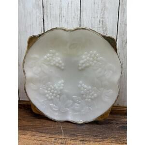 Vintage Anchor Hocking Grapes Leaves Milk Glass Raised Bowl with Gold Rim Trim